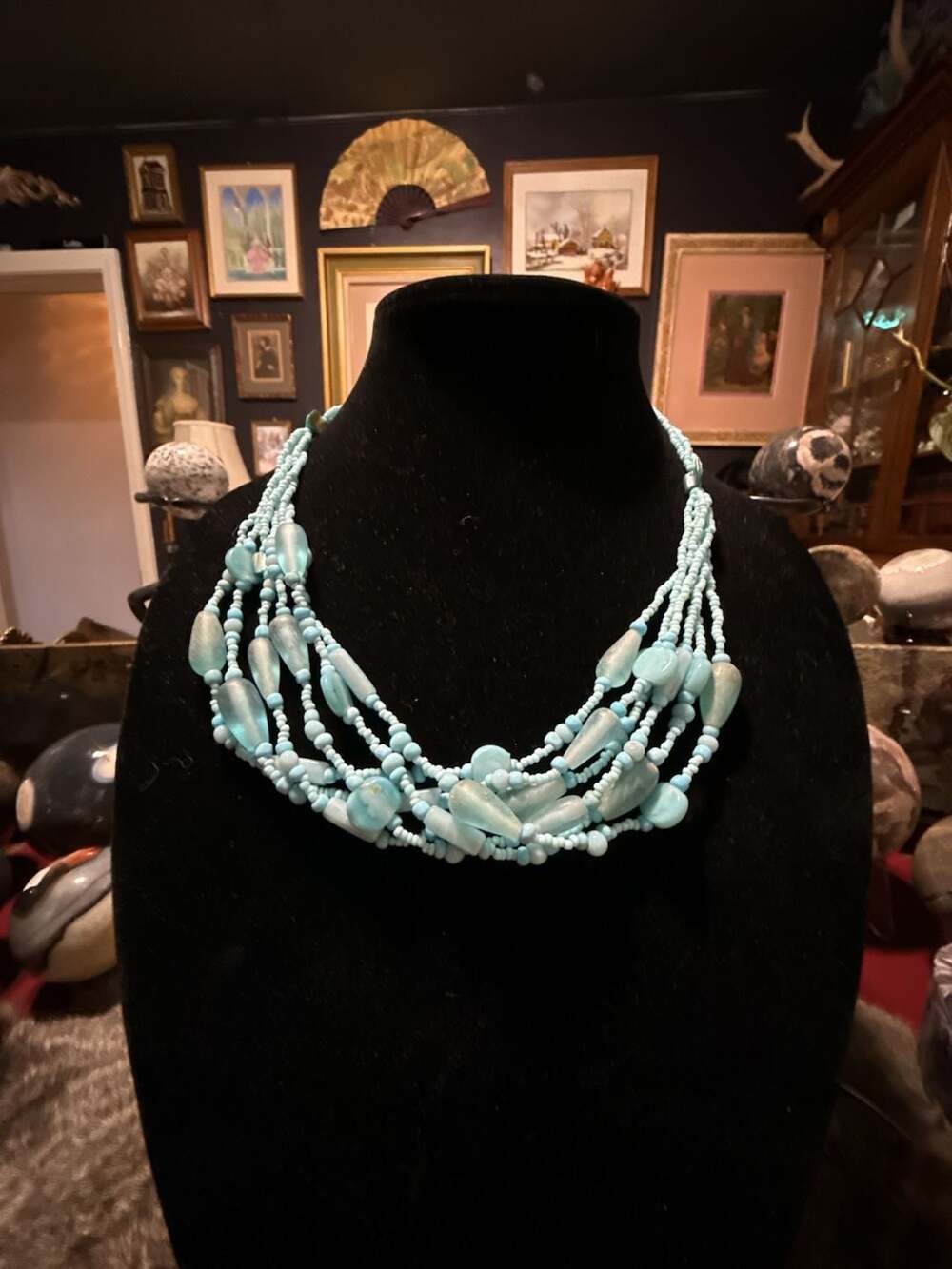 Vintage Multi-Strand Blue Glass Bead Necklace Turquoise Statement